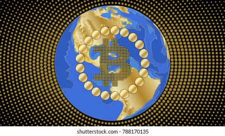 Abstract technology bitcoin symbol. Virtual money / Digital currency. Vector illustration. earth. gold