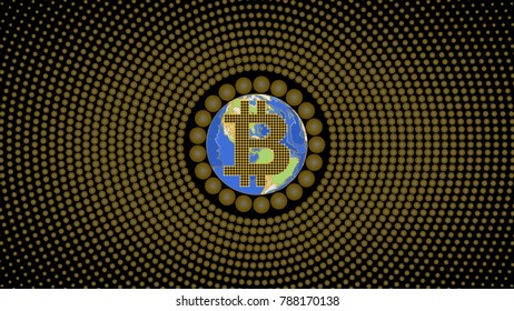 Abstract technology bitcoin symbol. Virtual money / Digital currency. Vector illustration. earth. gold