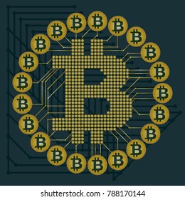 Abstract technology bitcoin symbol. Virtual money / Digital currency. Vector illustration. earth. gold