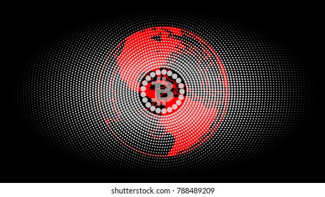 Abstract technology bitcoin symbol. Virtual money / Digital currency. Vector illustration. earth. red