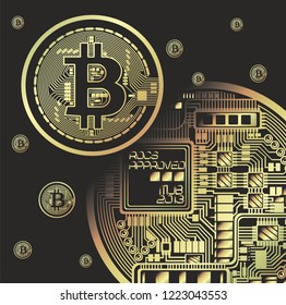 Abstract technology bitcoins logo with circuit line on binary code and gear gold background . Vector illustration bitcoin mining internet online technology concept.