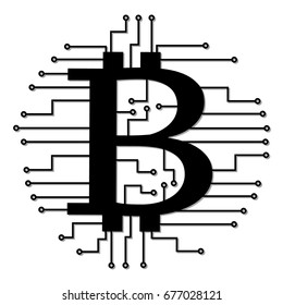 Abstract technology bitcoins logo with circuit line. Vector illustration bitcoin mining internet online technology concept.