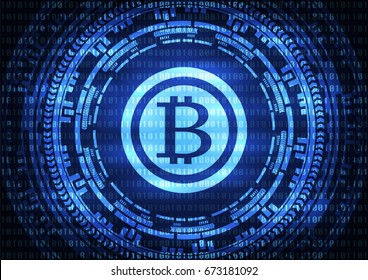 Abstract technology bitcoins logo on binary code and gear blue background . Vector illustration cybercrime and cyber security concept.