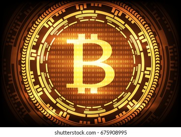 Abstract technology bitcoins logo on binary code and gear gold background . Vector illustration bitcoin mining internet online technology concept.