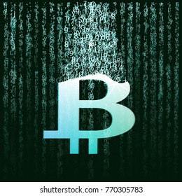 Abstract technology bitcoins logo on binary code and gear blue background .