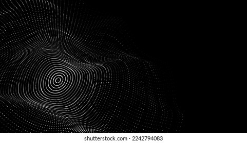 Resumen de la tecnología de la onda de círculo negro. Flujo de partículas. Gran visualización de transferencia de datos. Ilustración vectorial.