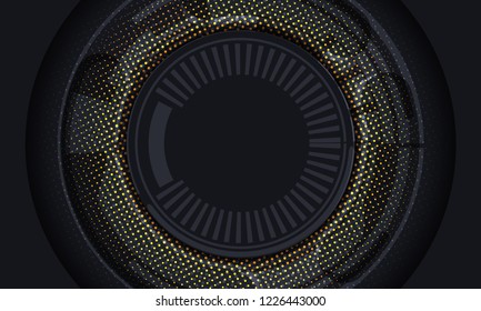 Abstract technology black paper cut background with golden halftone pattern. 3d backdrop. Vector illustration