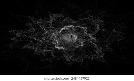 Abstract technology black wave with motion glowing dots. AI in virtual reality on digital background. Particle explosion. Wireframe texture. Dynamic analysis a network connection data.