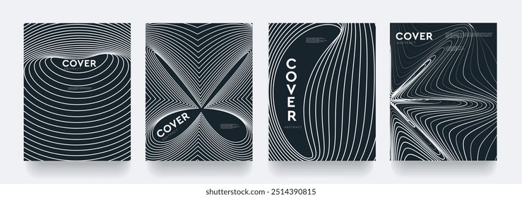Tecnologia abstrata em preto e branco. Conjunto de modelos 3D com rede de fluxo de linha para pôsteres, sites, cartões, capas, publicidade. Moderno Padrão Retrô em Ficção Científica. 