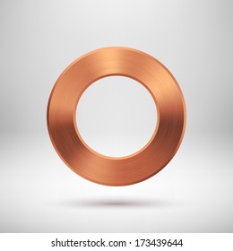 Abstract technology blank donut button template with bronze metal texture (chrome, steel, silver, copper), realistic shadow and light background for web user interfaces (UI) and applications (apps).