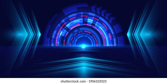 Resumen de la tecnología de círculo azul, luz de luz y perspectiva de patrón de flecha sobre fondo de cuadrícula azul oscuro Concepto de comunicación de alta tecnología. Negocios digitales. Ilustración del vector