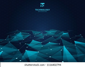 Abstract technology blue color triangles and low polygon with lines connecting dots structure perspective on grid background. Vector illustration