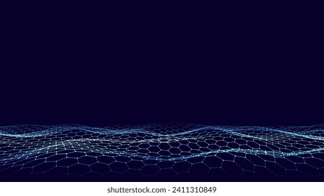 Resumen de tecnología onda hexagonal azul con puntos y líneas de movimiento. El oscuro ciberespacio en el fondo digital. Malla dinámica del ciberhexágono. Fondo médico. Textura futurista del alambre. Representación 3D.