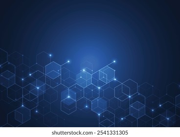 Tecnologia abstrata azul hexagons padrão de fundo para o conceito de conexão de rede com inovação de pontos de malha e linhas. Ilustração vetorial