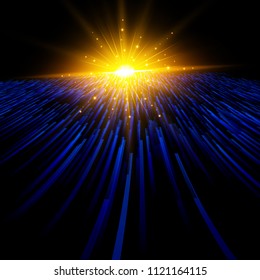 Abstract technology blue light laser lines perspective moving to lighting effect on dark background. Vector graphic illustration.