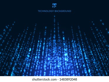 Abstract technology blue magic sparkling glitter particles lines perspective on dark background. Vector illustration