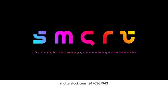 Abstractas tecnología brillante fuente en negrita, alfabeto inteligente cibernético digital hecho estilo futurista, letras gruesas minúsculas A-Z y números árabes 0-9 estilo espacial