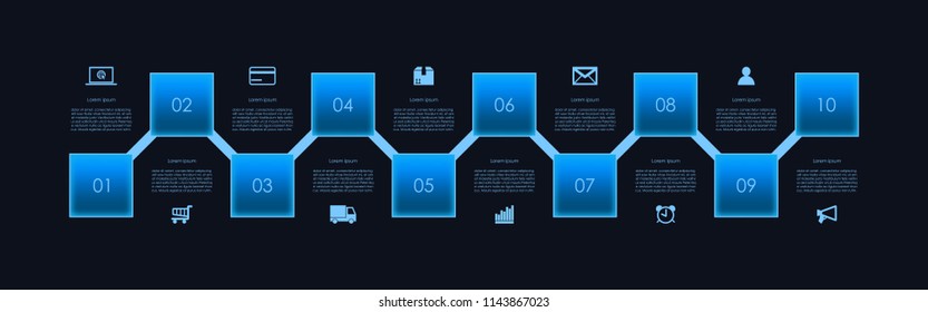 Abstract technology business infographics template with 10 glowing blue square box and timeline diagrams in black color background