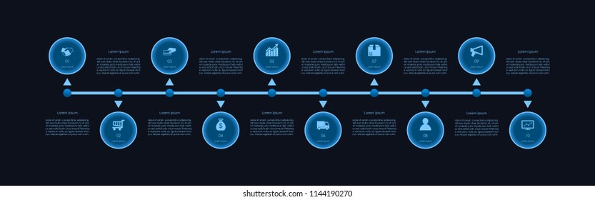 Abstract technology business infographics template with 10 glowing circles on timeline diagrams in black color background