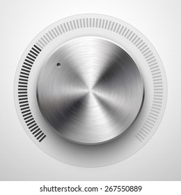 Abstract technology button template, volume knob with metal texture (chrome, silver, steel), range scale, realistic shadow and light background for web, interfaces, UI, applications, apps. Vector.