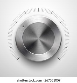 Abstract technology button template, volume knob with metal texture (chrome, silver, steel), range scale, realistic shadow and light background for web, interfaces, UI, applications, apps. Vector.