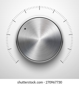 Abstract technology button template, volume knob with metal texture (chrome, silver, steel), range scale, realistic shadow and light background for web, interfaces, UI, applications, apps. Vector.