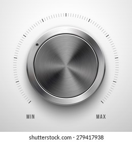 Abstract technology button template, volume knob with metal texture (chrome, silver, steel), range scale, realistic shadow and light background for web, interfaces, UI, applications, apps. Vector.