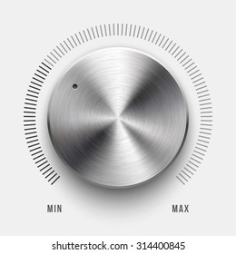 Abstract technology button template, volume knob with metal texture, range scale, realistic shadow and light background. Vector.