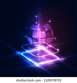 Abstract technology chip processor background circuit board and html code,3D illustration blue technology background vector.
