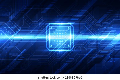 Abstract technology chip processor background circuit board and code, illustration blue technology background vector.