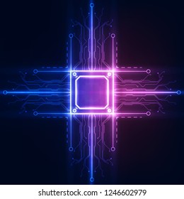 Abstract technology chip processor background circuit board and html code,3D illustration blue technology background vector.