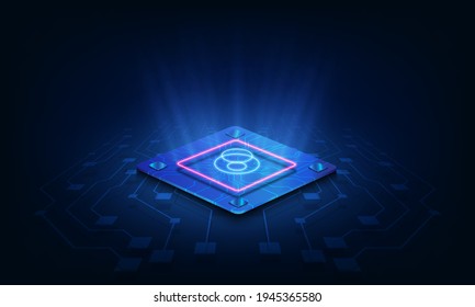 Abstract technology chip processor background circuit board and html code,3D illustration blue technology background vector.