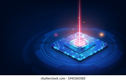 Abstract technology chip processor background circuit board and html code,3D illustration blue technology background vector.