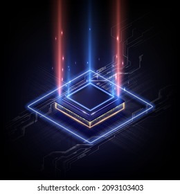 Abstract technology chip processor background circuit board and html code,3D illustration blue technology background vector.