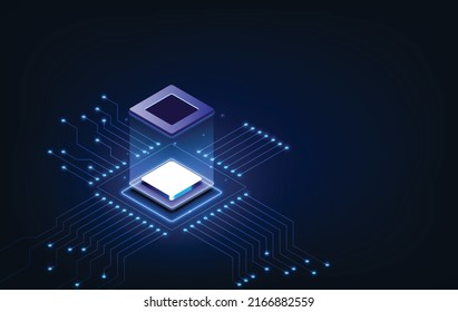 Abstract technology chip processor background circuit board and html code,3D illustration blue technology background vector.