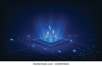 Abstract technology chip processor background circuit board and html code,3D illustration blue technology background vector.