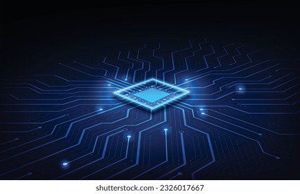 Abstract technology chip processor background circuit board and html code,3D illustration blue technology background vector.	
