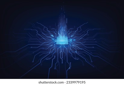 Abstract technology chip processor background circuit board and html code,3D illustration blue technology background vector.	
