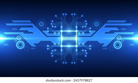Abstract technology chip processor background circuit board and code, illustration blue technology background vector.