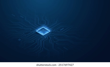 Tecnologia abstrata chip processador fundo circuito placa e código html, ilustração 3D azul tecnologia fundo vetor.	
