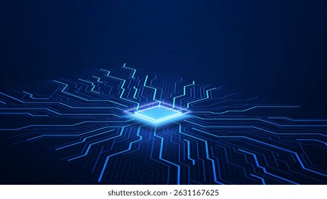 Abstract technology chip processor background circuit board and html code,3D illustration blue technology background vector.	
