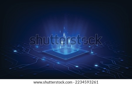 Abstract technology chip processor background circuit board and html code,3D illustration blue technology background vector.