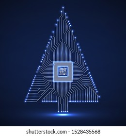 Abstract technology Christmas tree with microprocessor, glowing circuit board