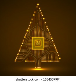 Abstract technology Christmas tree with microprocessor, glowing circuit board