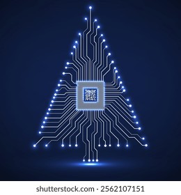 Abstract technology Christmas tree with microprocessor, glowing circuit board