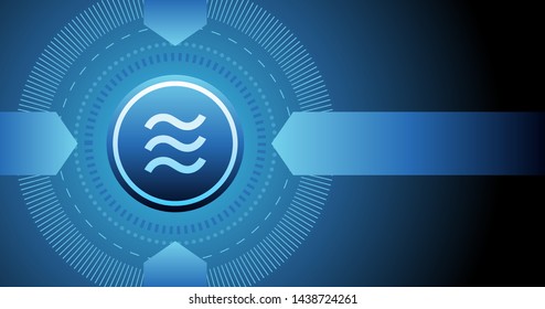 Abstract technology circle with arrows pointing at libra currency symbol on blue color background