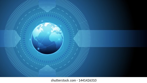 Abstract technology circle with arrows pointing at globe on blue color background