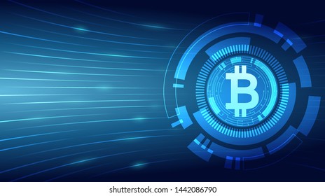 Abstract technology circle with bitcoin currency on blue color background