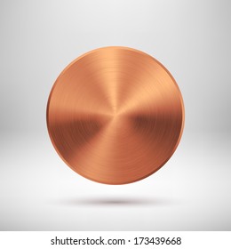 Abstract technology circle button template with bronze metal texture (chrome, steel, silver, copper), realistic shadow and light background for web user interfaces (UI) and applications (apps).