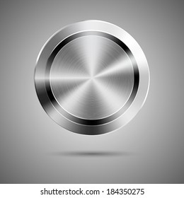 Abstract technology circle button template with metal texture (chrome, steel, silver), realistic shadow and light background for user interfaces (UI), applications (apps) and business presentations